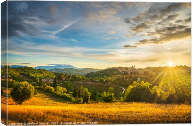 Urbino city and countryside landscape at sunset. Marche, Italy Canvas Print by Stefano Orazzini