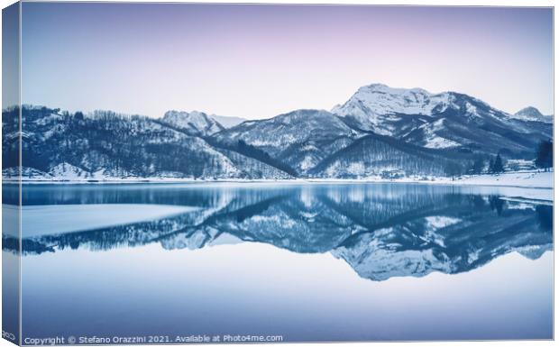 Gramolazzo iced lake and snow in Apuan mountains. Tuscany Canvas Print by Stefano Orazzini
