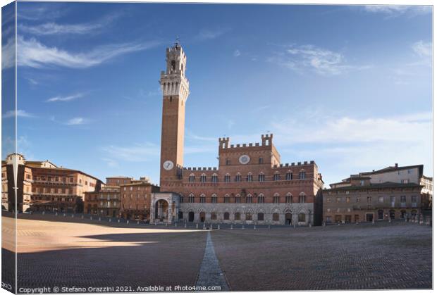 Siena, Piazza del Campo square and Mangia tower. Tuscany, Italy Canvas Print by Stefano Orazzini