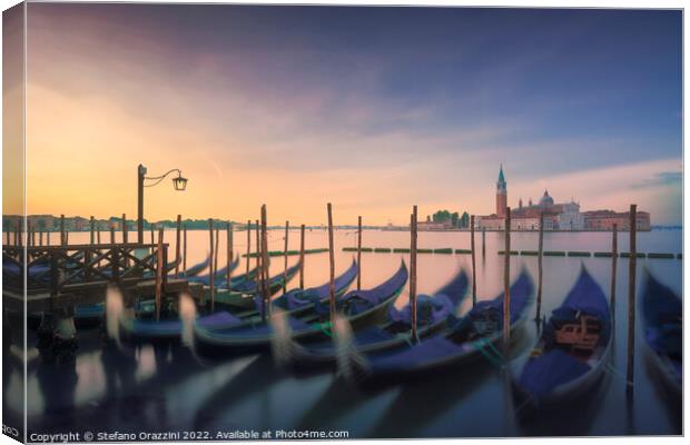 Venice lagoon, San Giorgio church and gondolas at sunrise. Italy Canvas Print by Stefano Orazzini