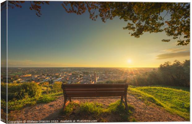 Bench and Pietrasanta panoramic view at sunset, Versilia, Lucca, Canvas Print by Stefano Orazzini