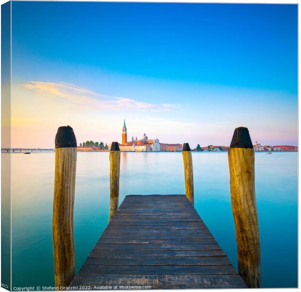 Venice, wooden pier and San Giorgio church Canvas Print by Stefano Orazzini