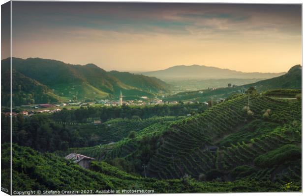 Prosecco Hills, vineyards and Guia village at sunset. Canvas Print by Stefano Orazzini