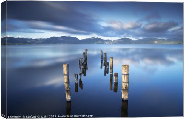 Wooden pier remains. Lake Massaciuccoli. Italy Canvas Print by Stefano Orazzini