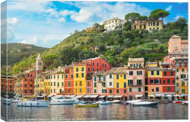 View of Portofino, the village and the marina. Liguria, Italy Canvas Print by Stefano Orazzini