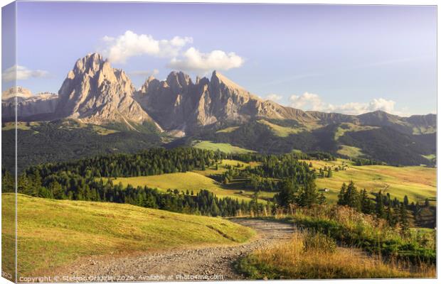 Seiser Alm, Sassolungo mountain and a pathway. Dolomites, Italy Canvas Print by Stefano Orazzini