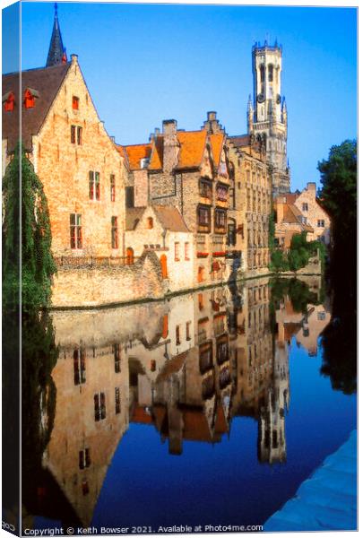 Reflection of Bruges Belfry  Canvas Print by Keith Bowser
