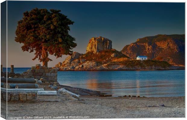 Sunrise at Kastri Island and the Church of Agios Stefanos Kos Greece Canvas Print by John Gilham