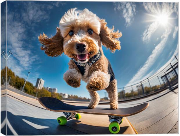 Action Cockapoo Skateboarder Funny Dog Canvas Print by Artificial Adventures