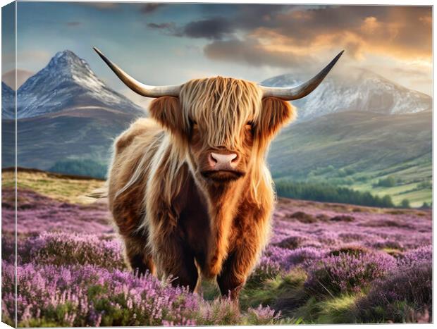 Scottish Highland Cow In Purple Heather Canvas Print by Artificial Adventures