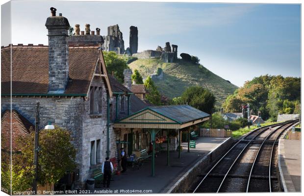Corffe Castle Station and  Castle Ruins Canvas Print by Benjamin Elliott