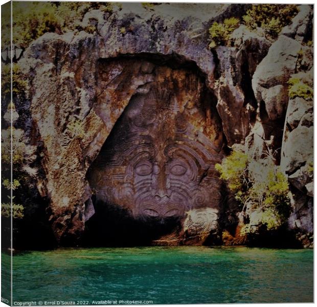 Mine Bay Maori rock carving of Ngatoroirangi on Lake Taupo Canvas Print by Errol D'Souza