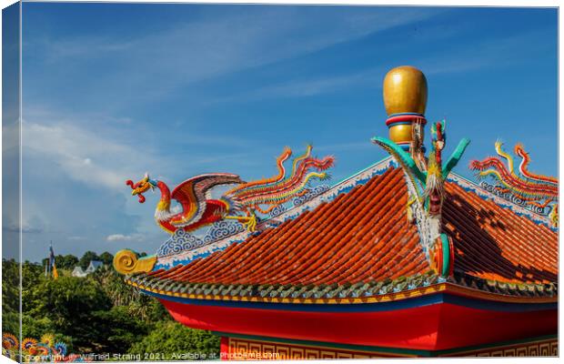 Chinese dragon statue on a roof of a temple Canvas Print by Wilfried Strang