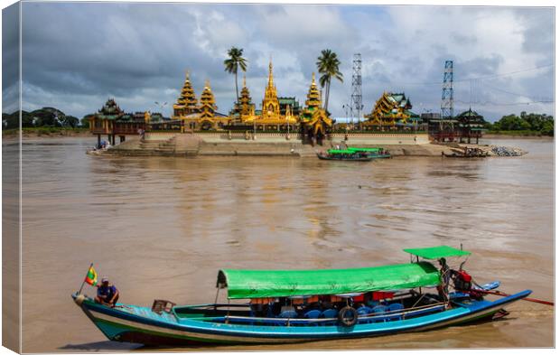 Cross the river by boat to the Midstream Kyauktan Pagoda or Ye Le Pagoda near Yangon in Myanmar Burma Canvas Print by Wilfried Strang