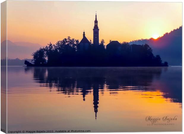 Golden Hour and Reflection of Lake Bled in Slovenia. Canvas Print by Maggie Bajada