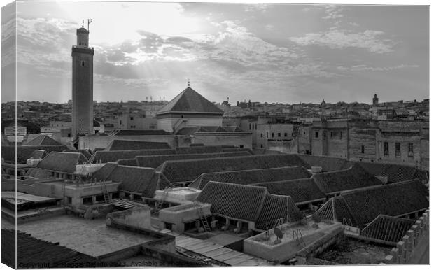 Monochrome-Black and White of Morocco roof top. Canvas Print by Maggie Bajada