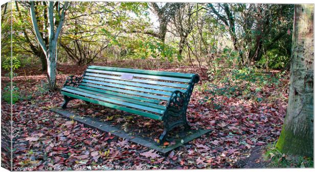Bench in the Rotary Wood Canvas Print by GJS Photography Artist