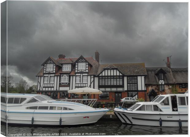 Pub with Moorings Canvas Print by GJS Photography Artist