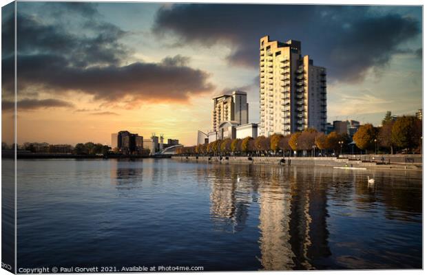 Salford Quays water front at sunset Canvas Print by Paul Gorvett