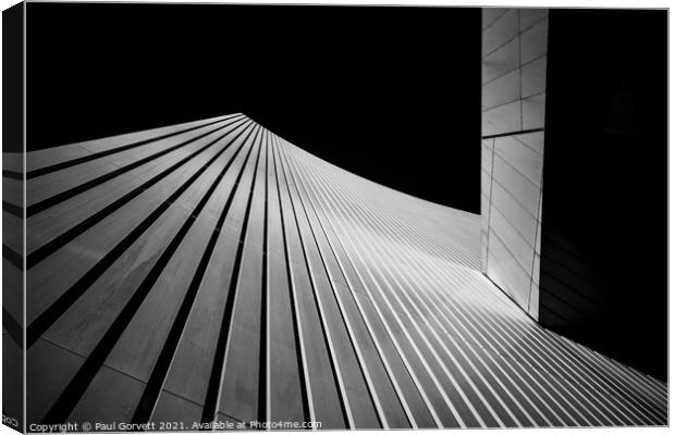 modern city building looking up to clear sky black and white Canvas Print by Paul Gorvett