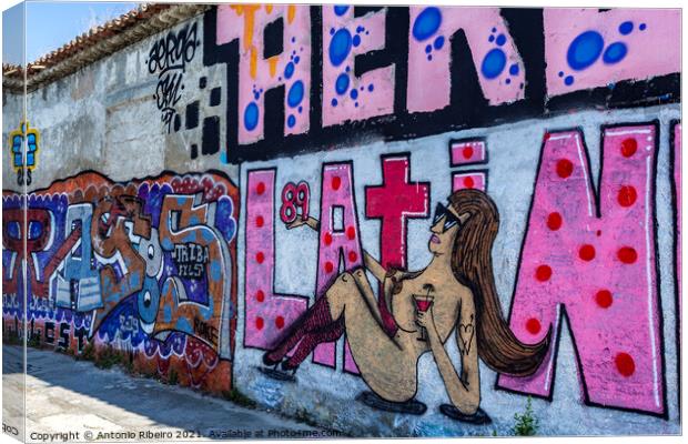 Almada Graffiti on Abandoned WareHouse Canvas Print by Antonio Ribeiro