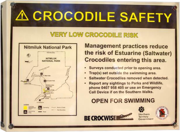 Crocodile Safety Sign in Northern Territory Canvas Print by Antonio Ribeiro