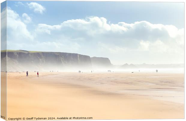 Walking in the Mist at Watergate Bay Cornwall Canvas Print by Geoff Tydeman