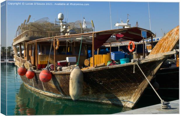 Traditional dhow at Doha corniche, Qatar Canvas Print by Lucas D'Souza