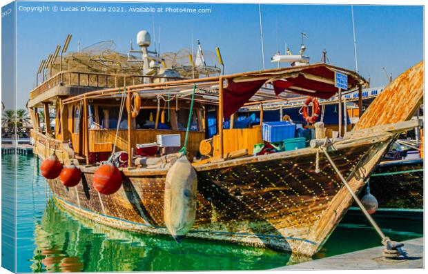 Traditional dhow at Doha corniche, Qatar Canvas Print by Lucas D'Souza