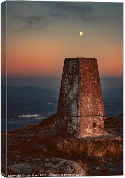 Moon over the Cairn on Summit of Ben Ledi, Scotland at Dusk Canvas Print by Ivor Bond