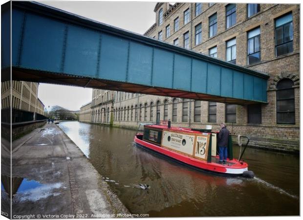 Canal boat at Saltaire Canvas Print by Victoria Copley
