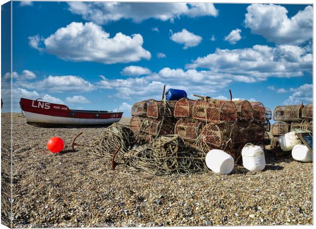 Fishing Gear and Boat on the Norfolk Shore Canvas Print by Roger Mechan
