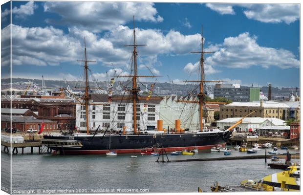 The Mighty Warship of Portsmouth Canvas Print by Roger Mechan