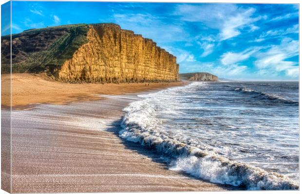 Golden Cliffs and Turbulent Seas Canvas Print by Roger Mechan