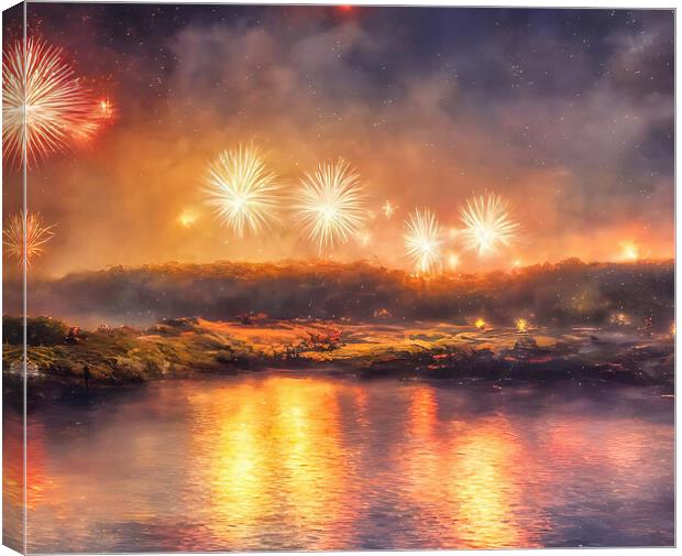 Golden Sunset Fireworks Display Canvas Print by Roger Mechan