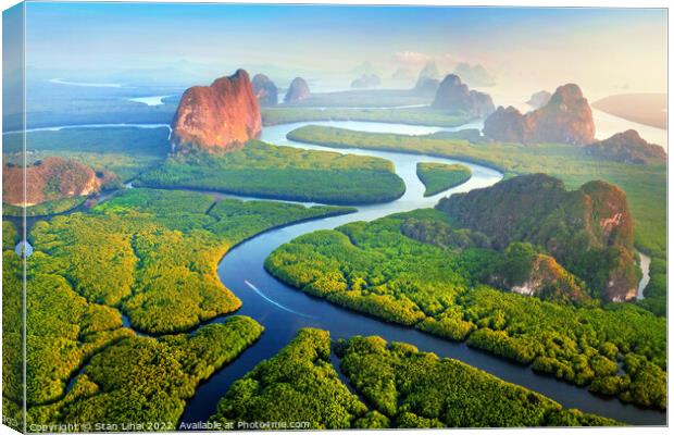 Aerial view of Phang Nga bay with mountains at sunrise  Canvas Print by Stan Lihai