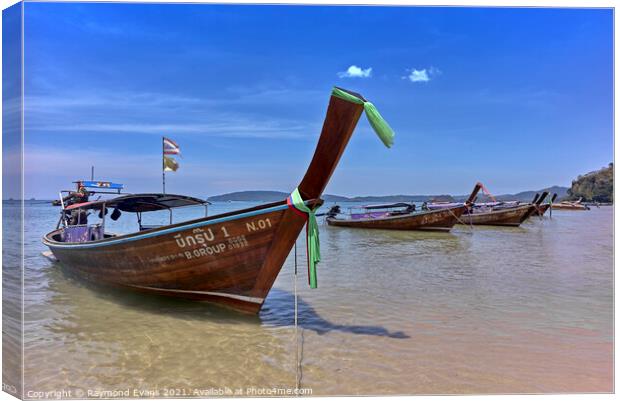 Thailand longtail boats Krabi beach Canvas Print by Raymond Evans