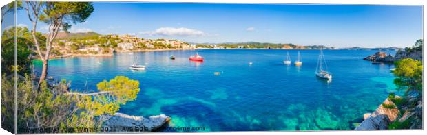 Coast bay with boats at Cala Fornells Mallorca Canvas Print by Alex Winter