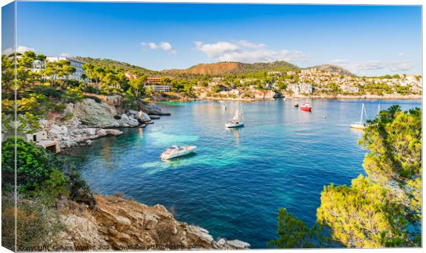 Panorama view with boats at Cala Fornells Mallorca Canvas Print by Alex Winter