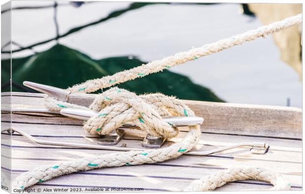 Detail view of yacht rope cleat Canvas Print by Alex Winter