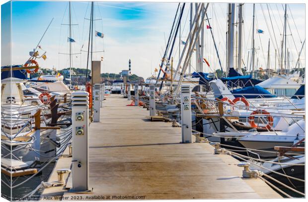 Sailing boats moored at the pier in Portocolom Canvas Print by Alex Winter