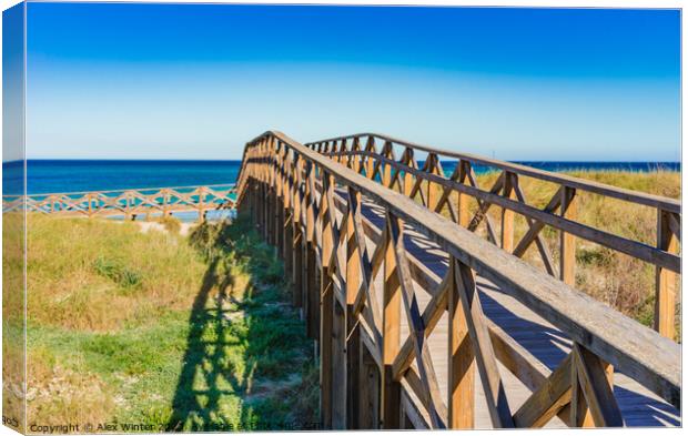 Wooden footbridge over the sand dunes to the beach of Alcudia Canvas Print by Alex Winter