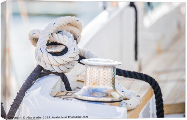 Detail view of motorboat yacht rope cleat on boat  Canvas Print by Alex Winter