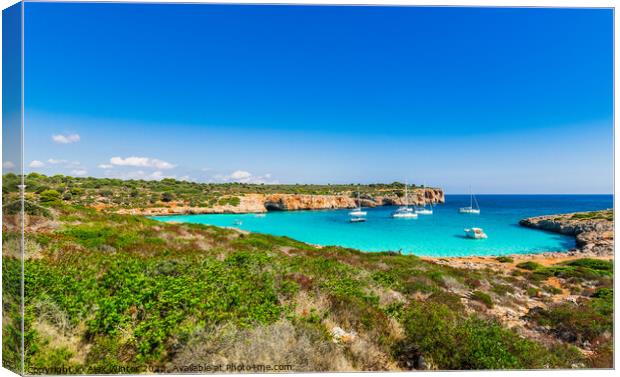 Beautiful coastline on Mallorca, idyllic bay of Cala Varques with anchoring boats, Spain island Canvas Print by Alex Winter