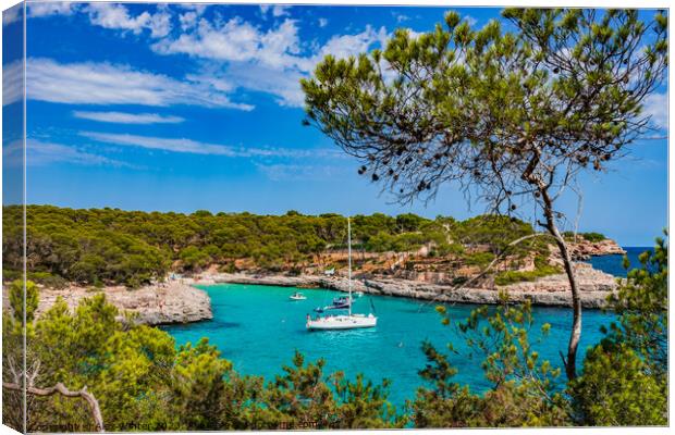 Beautiful seaside, beach bay with boats on Mallorca, Spain Mediterranean Sea Canvas Print by Alex Winter