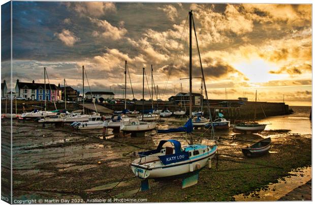 Stormy Sunset over Aberaeron Harbour Canvas Print by Martin Day