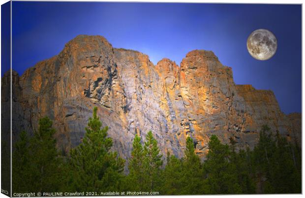 Canadian Rocky Mountains with Full Moon Banff Alberta Canada Canvas Print by PAULINE Crawford