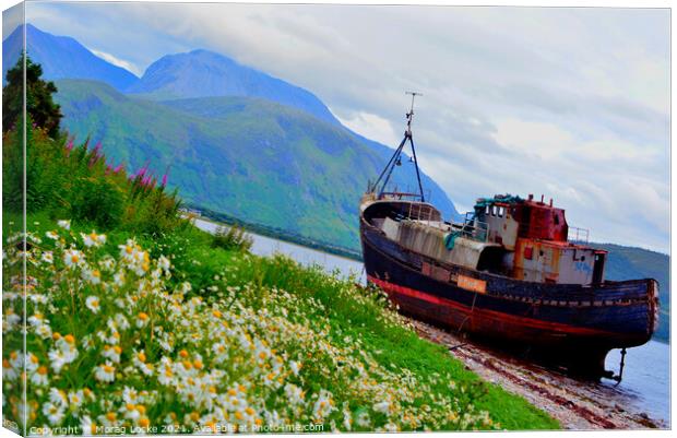 Corpach boat wreck and Ben Nevis Canvas Print by Morag Locke