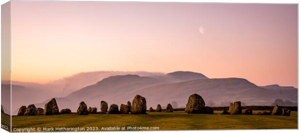 Castlerigg stone circle and moon at sunrise Canvas Print by Mark Hetherington