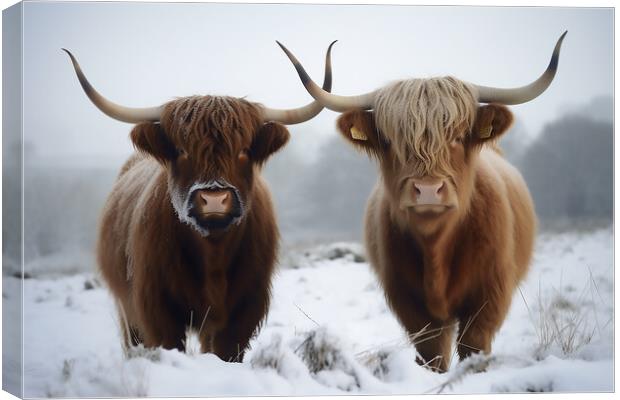 Highland Cows In The Snow 2 Canvas Print by Picture Wizard